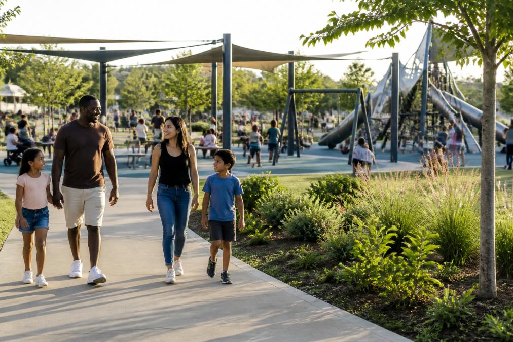 Outdoor community gathering at a modern park with families enjoying recreational facilities, multi-use trails winding through green spaces, and playground equipment on a sunny afternoon