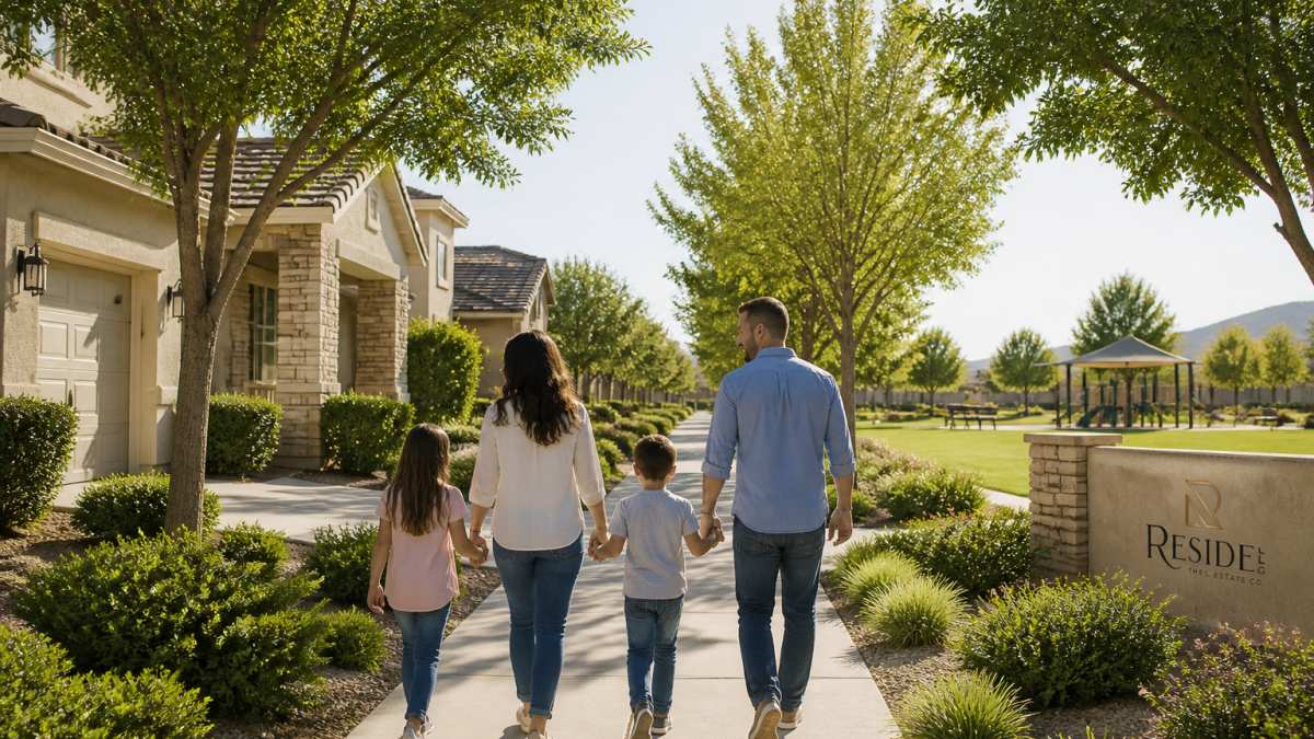Family walking together in a tree-lined master-planned community street with new single-family homes, green landscaping, and a community park visible in the background