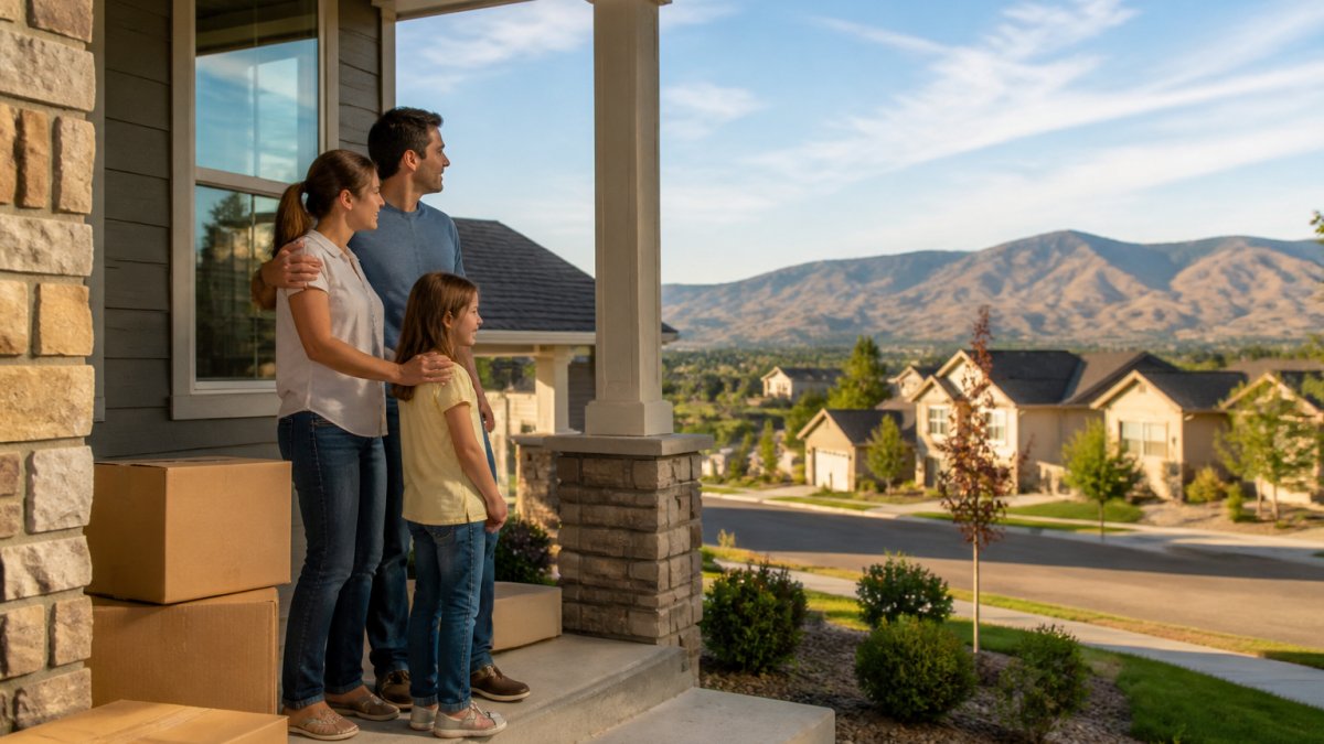 A family standing on the porch of a new home in a Boise-area suburban neighborhood with foothills visible in the background, moving boxes stacked nearby in warm afternoon light