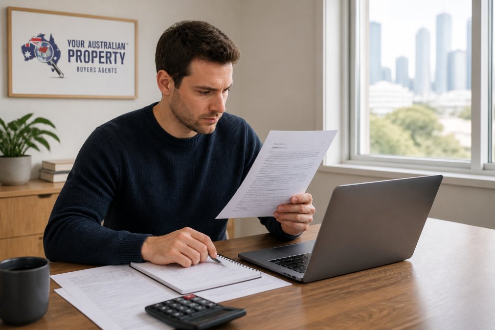 First-home buyer sitting at home office desk reviewing mortgage pre-approval letter and financial spreadsheet on laptop, with notepad and calculator, natural daylight from window