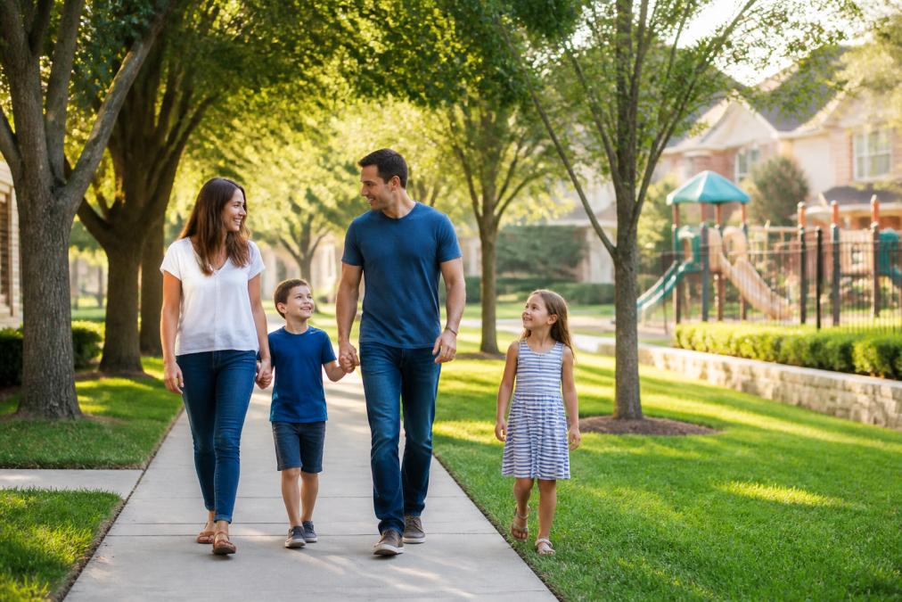Family walking through a tree-lined suburban neighborhood with well-maintained homes, manicured lawns, and a community park with playground equipment visible in the background on a sunny afternoon