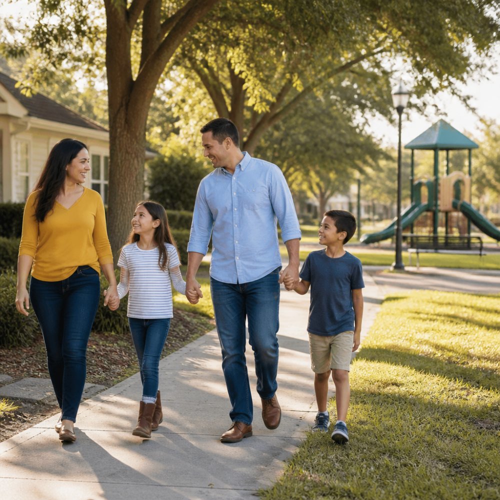 A young family walking through a tree-lined street in a suburban Orlando neighborhood, with a park and playground visible in the background, warm late afternoon sunlight