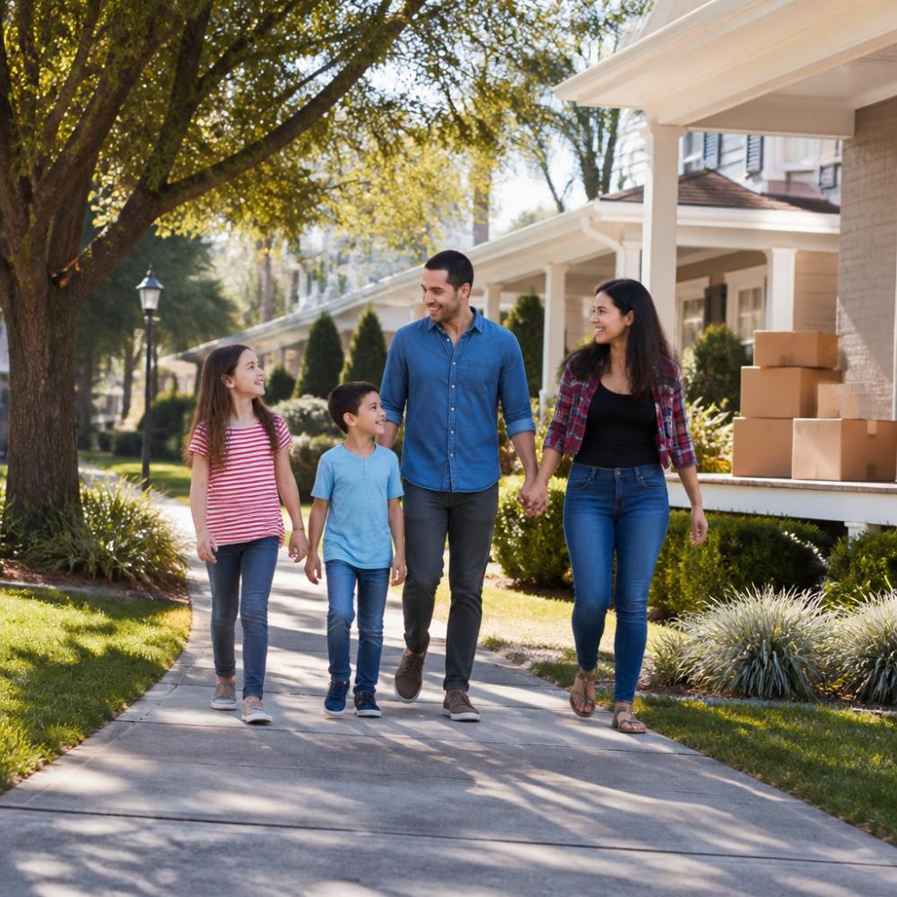 A happy family with children walking through a tree-lined suburban neighborhood with well-kept homes, sunny weather, moving boxes visible near a front door