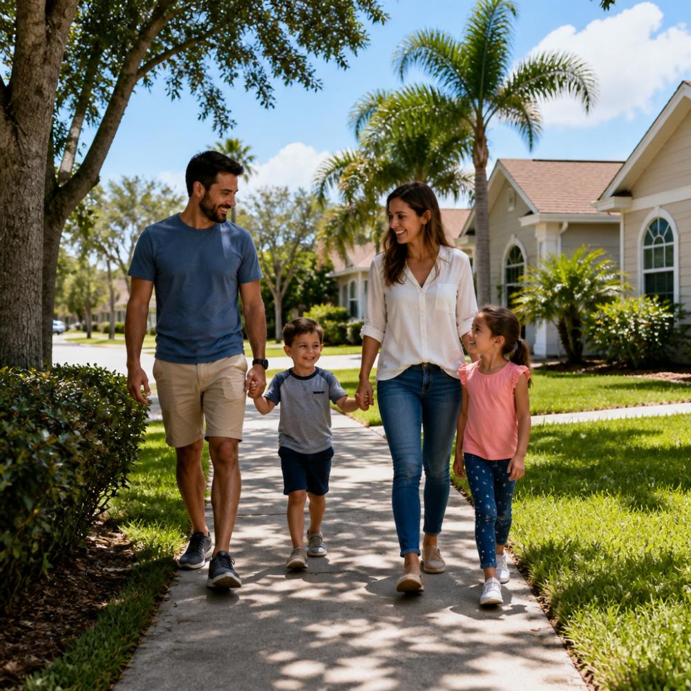 A family with two young children walking along a tree-lined suburban sidewalk in front of single-story Florida homes, palm trees and a bright blue sky in the background