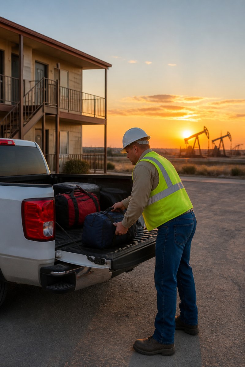 Worker loading gear into a truck at sunrise while relocating to Permian Basin for a new oil field job.