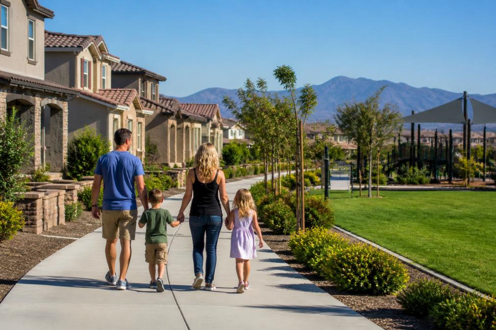 Family walking through a suburban neighborhood street lined with newer homes, green landscaping, and community amenities visible in morning sunlight