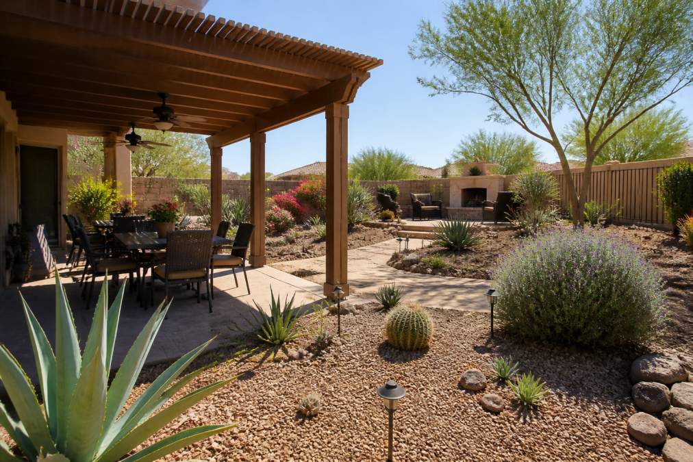 Residential backyard in the desert featuring xeriscaped landscaping with native desert plants, decorative rock, and a shaded patio with pergola during bright afternoon sunlight