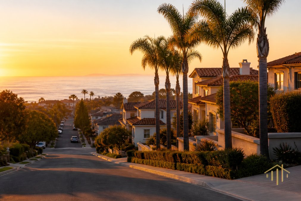Scenic coastal neighborhood with palm trees lining streets, modern Mediterranean-style homes with ocean views visible in the distance, golden hour sunlight casting warm shadows across residential street