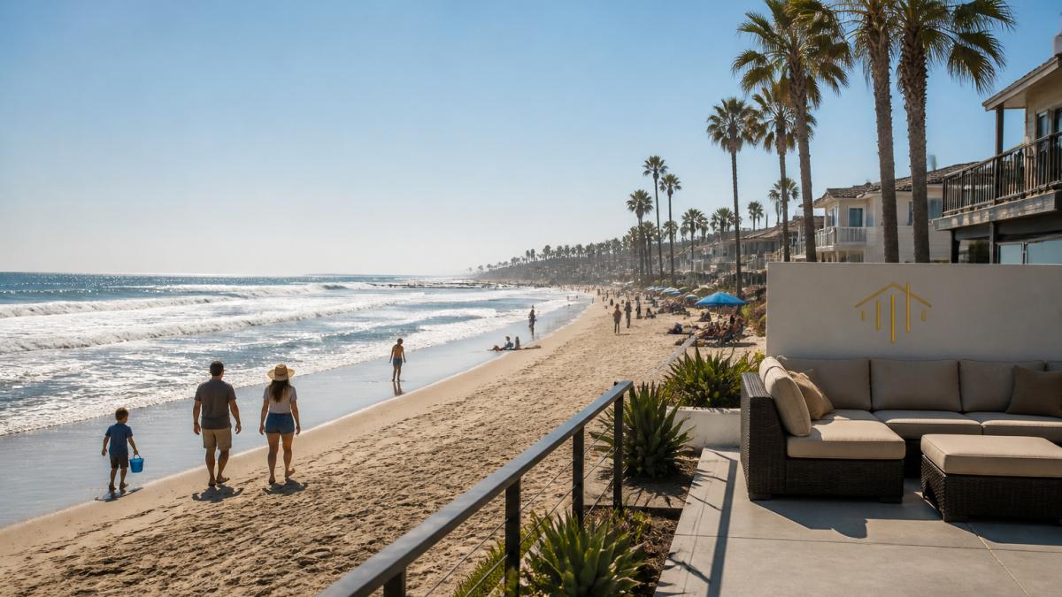 Scenic coastal view of Ventura County showing sandy beaches, palm trees, and ocean waves under bright afternoon sunlight, with families enjoying the shoreline and coastal community atmosphere