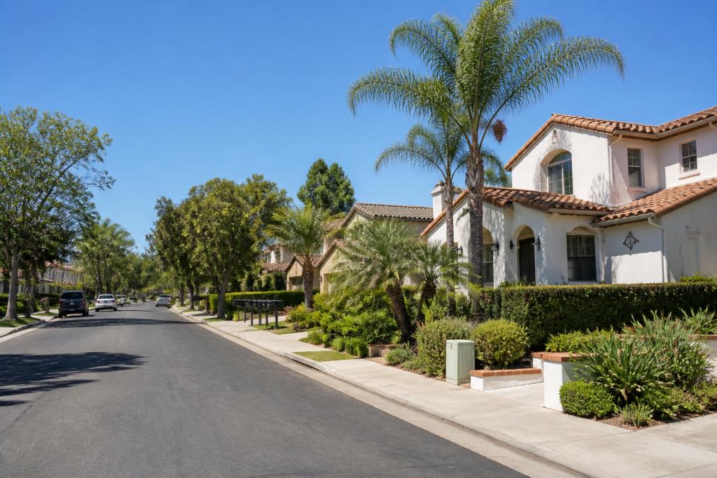 Suburban street lined with well-maintained homes and mature landscaping, showing typical Mediterranean-style residential architecture with tile roofs, palm trees, and clear blue sky typical of Ventura County summer weather