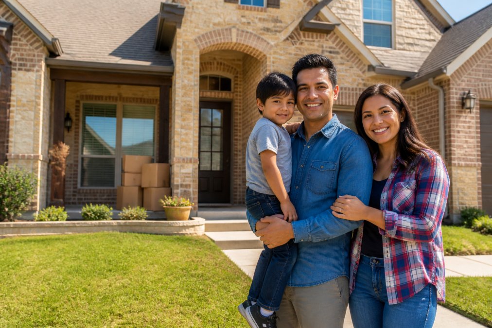 A family standing in front of their new home in a North Dallas suburban neighborhood, smiling and looking confident, with moving boxes on the porch