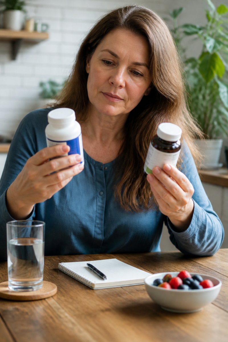 A person comparing two supplement bottles on a wooden kitchen table, one labeled 'Remedys Nutrition' and the other a generic herbal supplement, with natural light and a green plant in the background