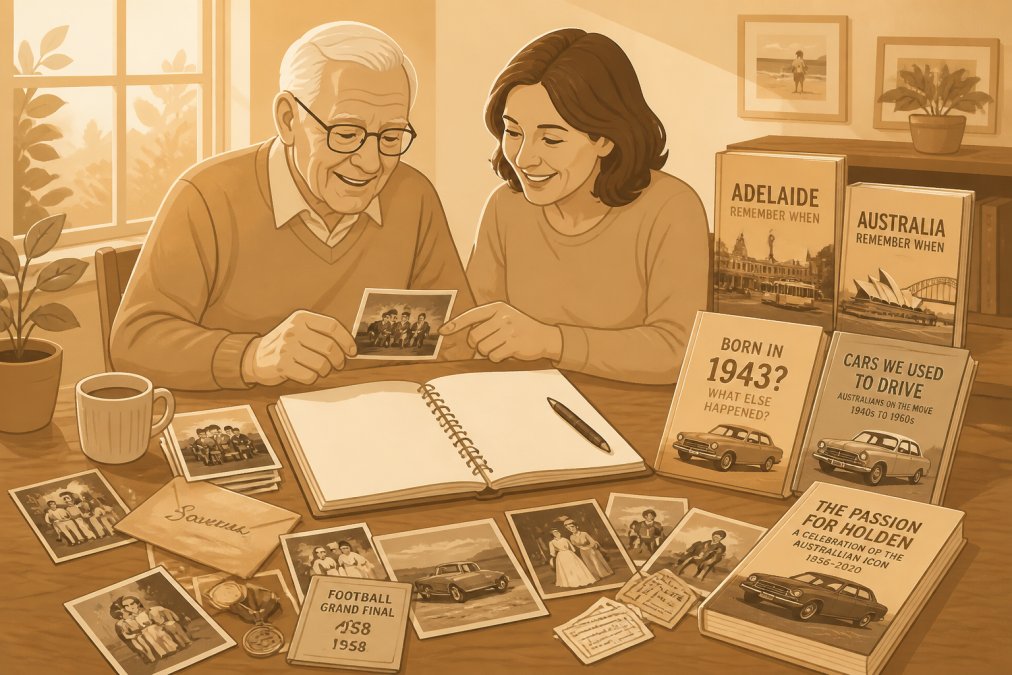 Older person and family member sitting together at a wooden table, looking through a collection of old photographs and memorabilia spread across the surface, with a blank scrapbook and pen visible, warm afternoon sunlight streaming through a window