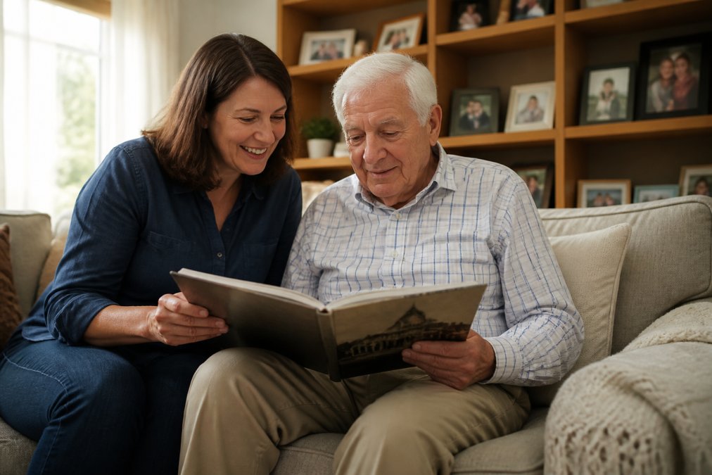 Caregiver and older adult sitting together on a comfortable sofa in a bright, warm home setting, both looking at a memory book, with soft natural light from a window and framed photographs visible on a nearby shelf