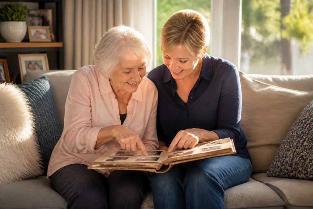 An older adult and a family member sitting together on a comfortable sofa looking at a vintage photo album with warm afternoon sunlight streaming through the window, both smiling as they point at photographs