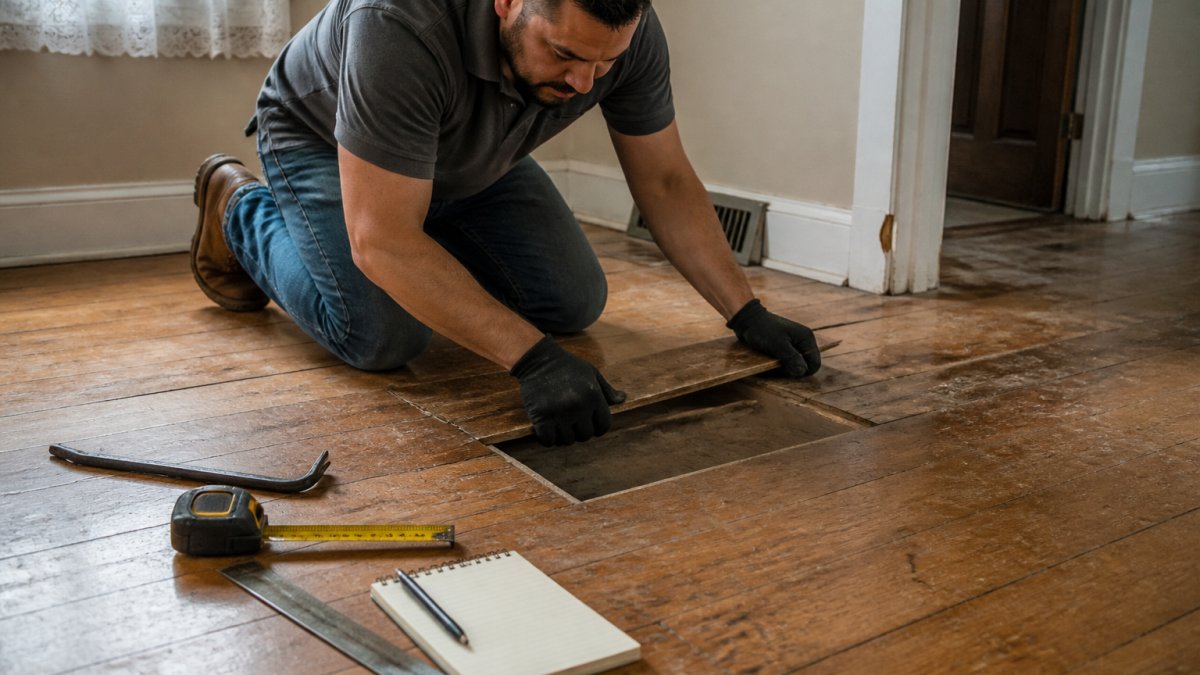 Contratista revisando el estado de un piso de madera antiguo antes de remodelar pisos para asegurar una base firme.