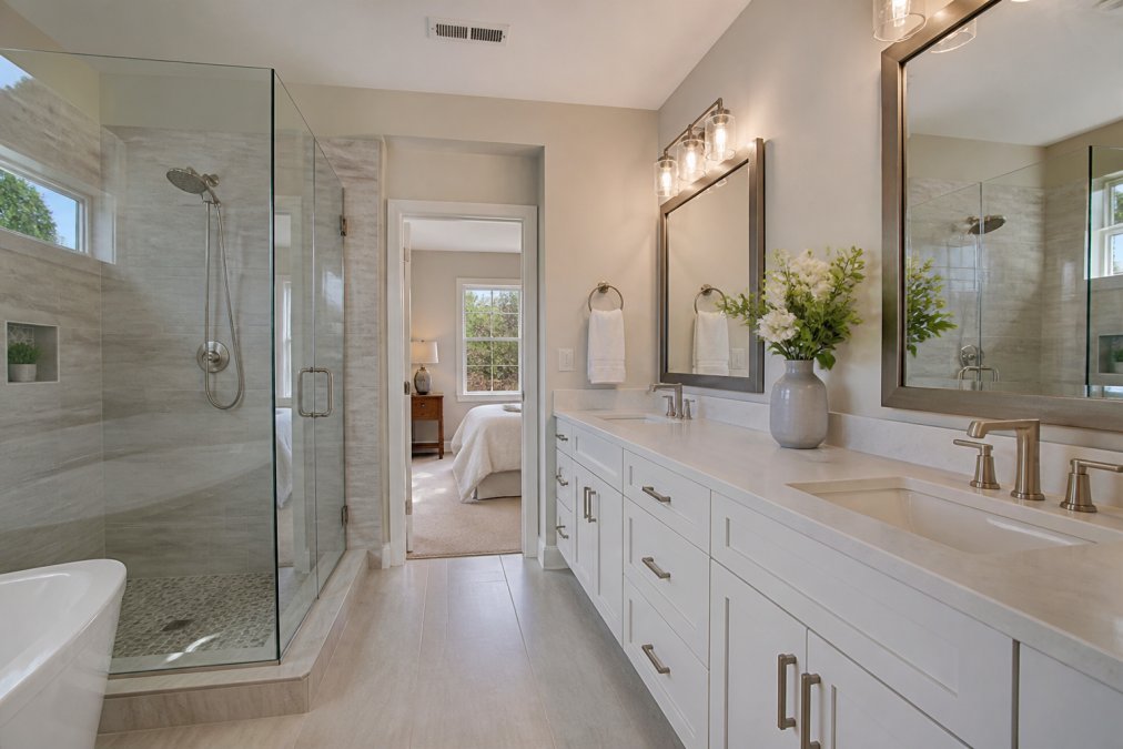 A newly renovated bathroom with a walk-in glass shower, double vanity with quartz countertop, and modern brushed nickel fixtures in a bright, neutral-toned space