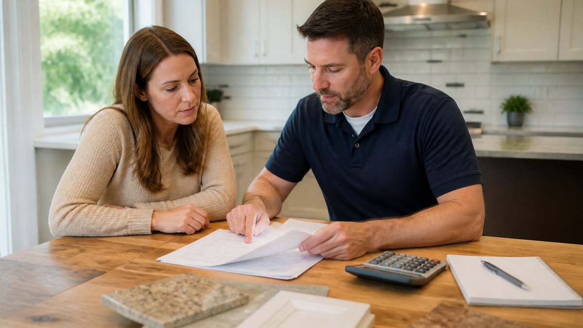 A homeowner and contractor reviewing a written remodeling contract and estimate at a kitchen table, with a calculator and notebook nearby