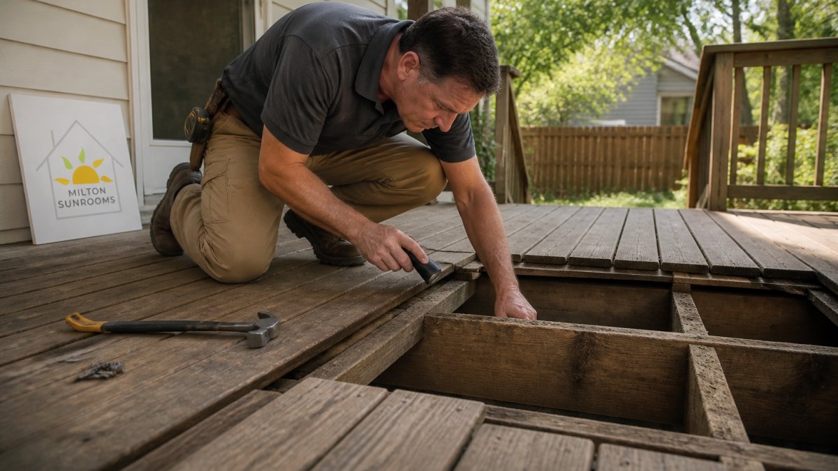 Contractor inspecting wooden deck joists to see if it can support a deck into sunroom conversion.