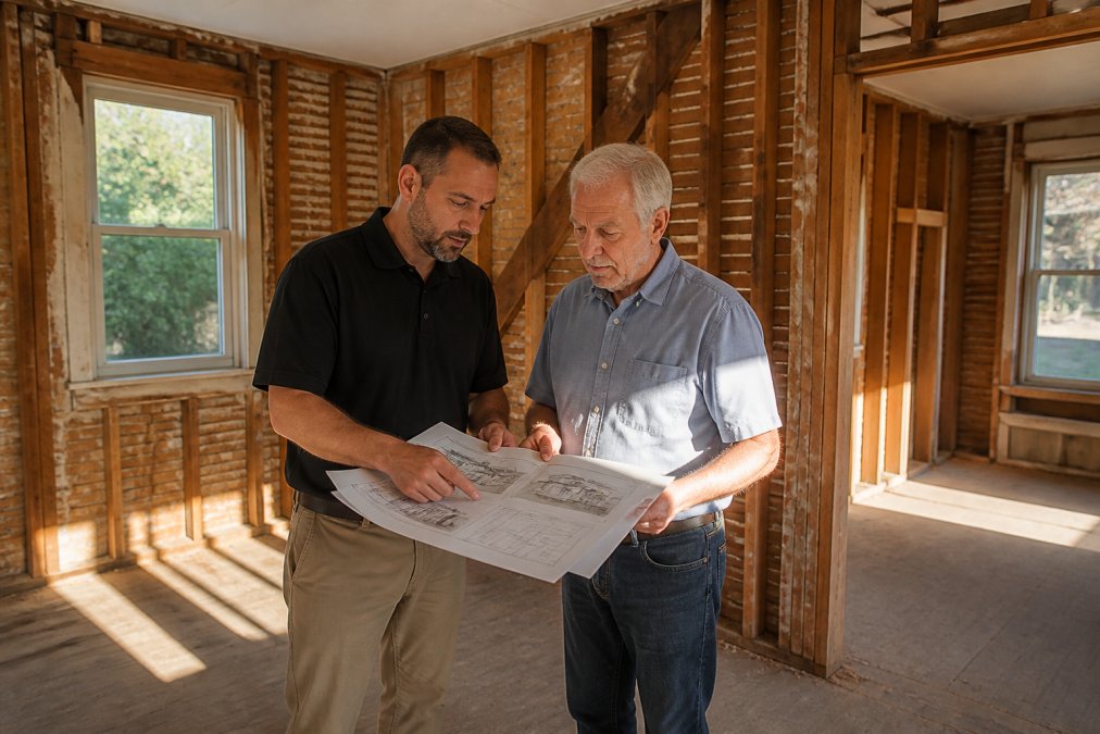 A contractor and homeowner reviewing 3D architectural plans on a tablet inside an older home under partial renovation, with original walls still intact around them, warm interior lighting with afternoon sun through windows