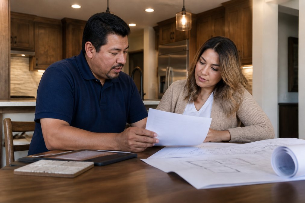 A licensed contractor and homeowner reviewing a printed contract together at a kitchen table, both looking at the printed document under warm overhead lighting, renovation plans spread beside them