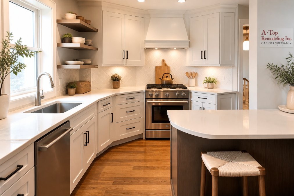 A bright small kitchen with an L-shaped layout and angled corner cabinets, showing how an irregular footprint is used efficiently with open shelving and a compact peninsula