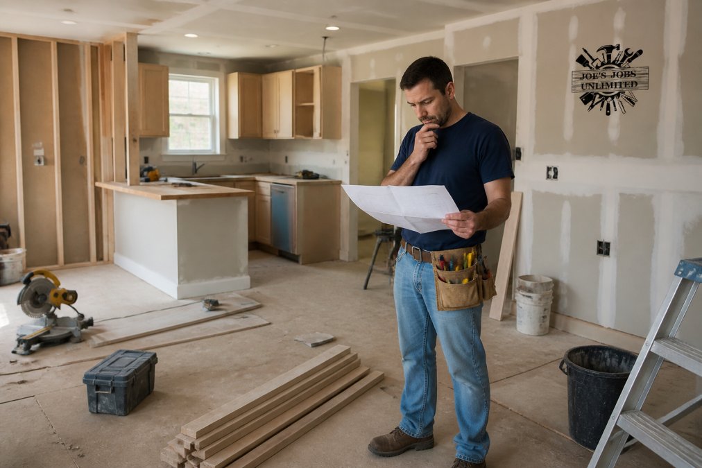 Homeowner standing in partially renovated kitchen with exposed drywall, construction materials scattered around, holding renovation plans and looking thoughtful