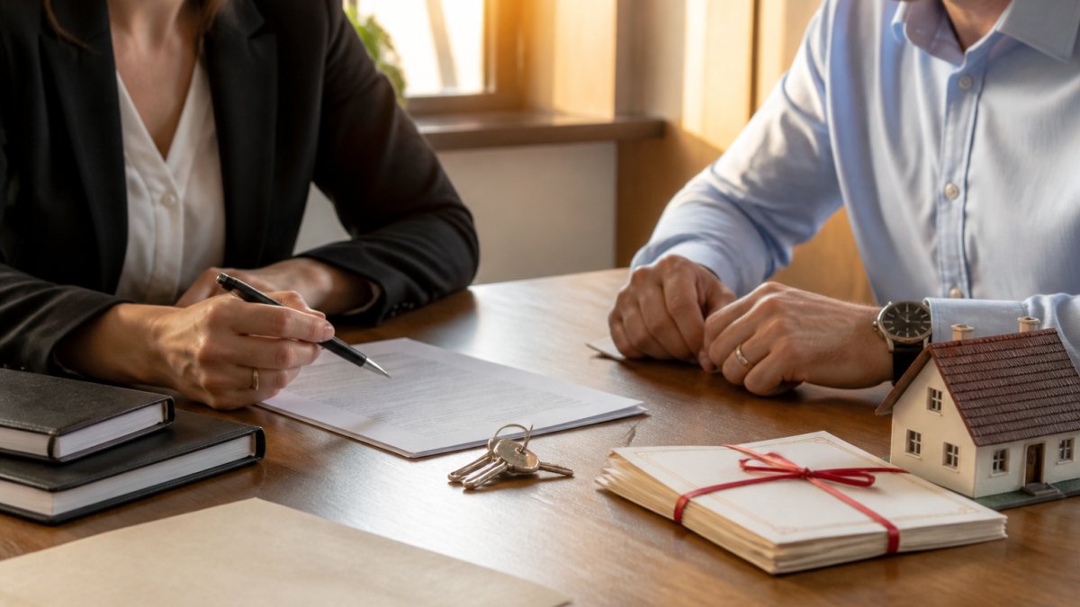 Professional conveyancer in modern Norwich office consulting with homeowner over mortgage documents and property deeds on desk, natural window lighting, both reviewing paperwork together