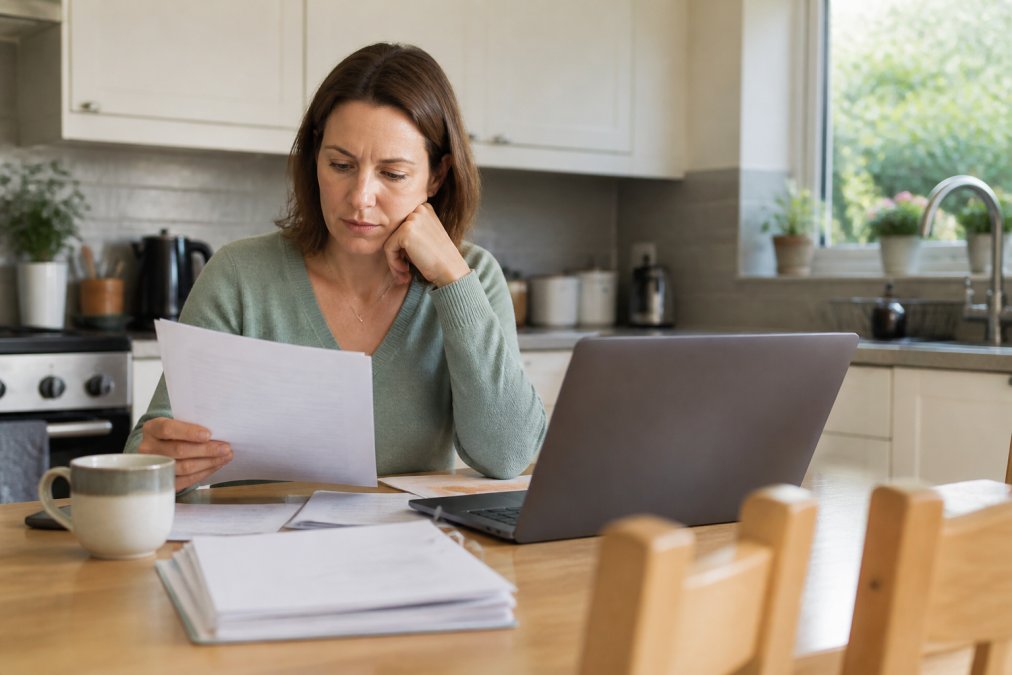 A homeowner sitting at a kitchen table in the UK reviewing mortgage paperwork and a laptop, with a cup of tea nearby, natural daylight from a window