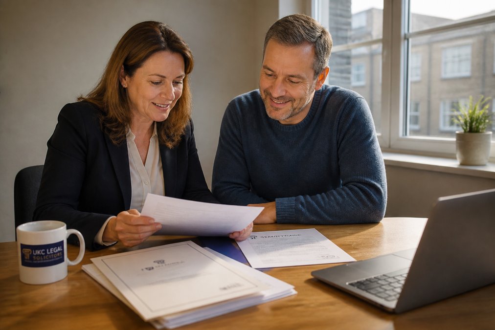 Solicitor and homeowner reviewing mortgage documents together at a wooden desk, with property deeds, remortgage offer letter, and laptop visible, natural afternoon light streaming through office windows