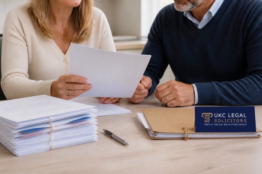 Hands holding a completed mortgage offer letter and organised stack of property documents and deeds, arranged on a light wooden surface with a pen nearby
