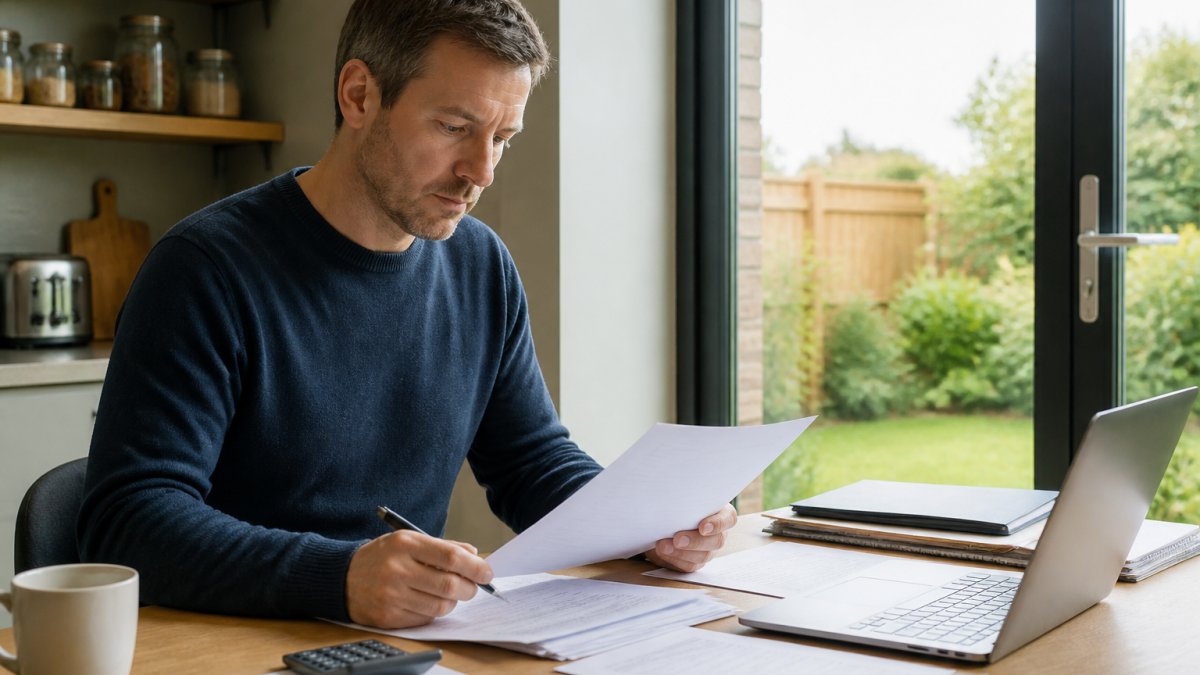 Professional conveyancer reviewing mortgage documents and property paperwork with homeowner at desk, laptop and pen visible, natural office lighting