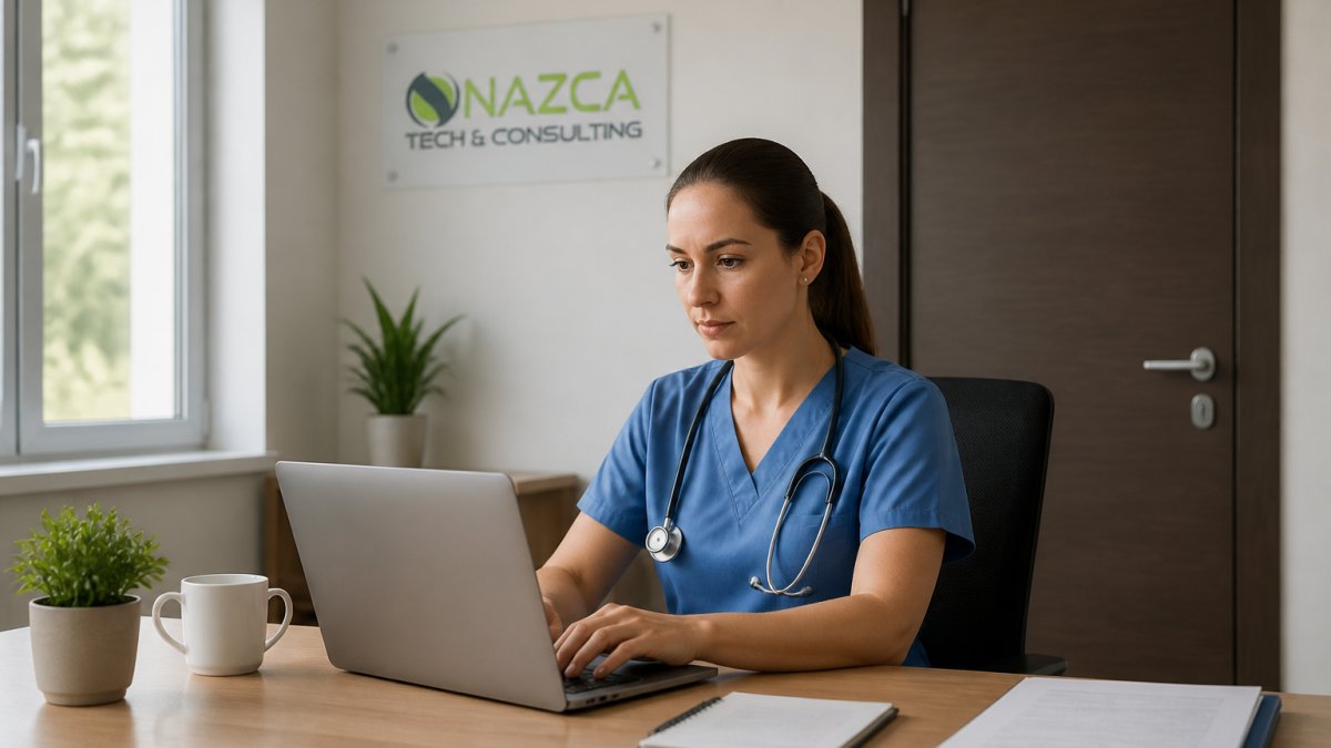 Diagram showing the secure workflow for healthcare staff using remote access patient records in a private office.