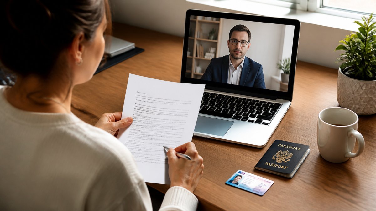 A person sitting at a home desk with a laptop open to a video call, holding a printed document and a pen, with a passport and driver's licence visible beside the keyboard