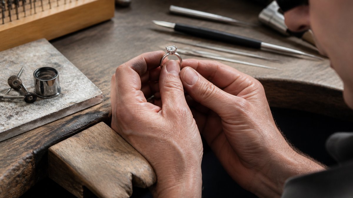 Close-up of a jewellery designer's hands holding a platinum engagement ring with a diamond, examining the craftsmanship and detail of bespoke work under soft studio lighting