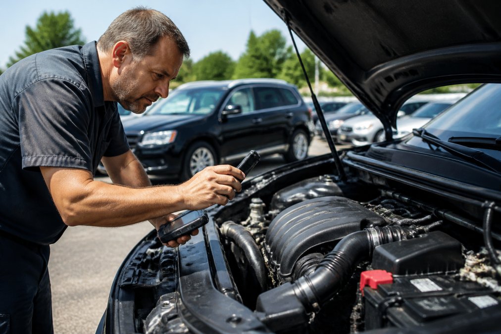 Remote Car Inspection for Buyers: A Complete Guide Mobile mechanic with diagnostic scanner examining vehicle engine bay while photographing components at dealership location with natural lighting