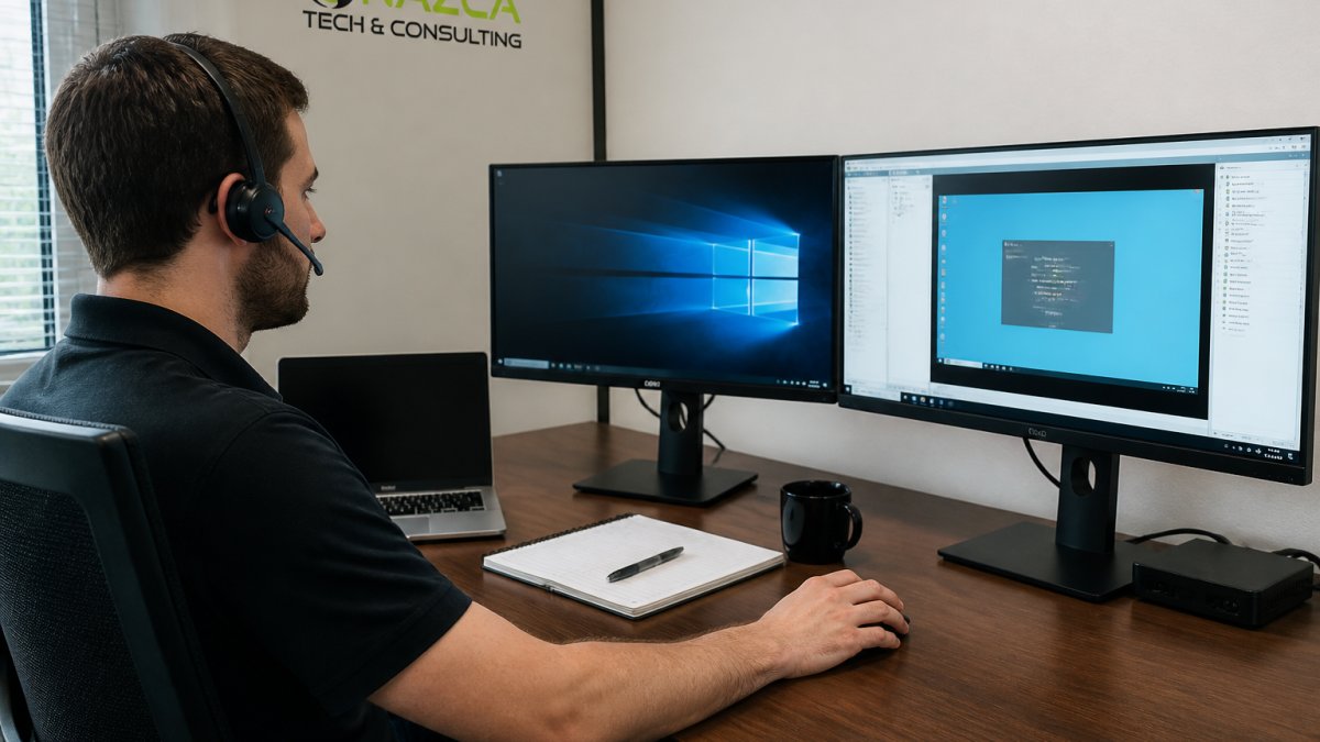 An IT technician at a desk in a small office, wearing a headset and looking at two monitors showing a remote session, with a laptop and notebook nearby