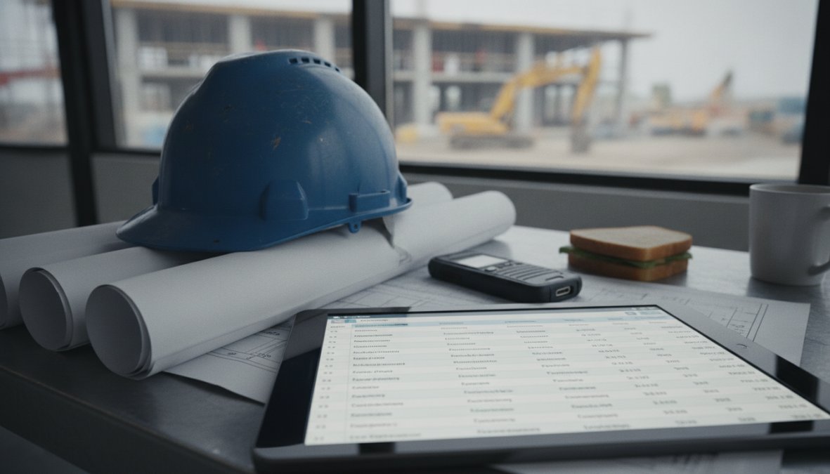 A contractor office manager sitting at a dual-monitor desk reviewing a job scheduling dashboard with color-coded technician routes, a hard hat and rolled blueprints visible on the desk beside the keyboard, in a bright professional home office with natural window light