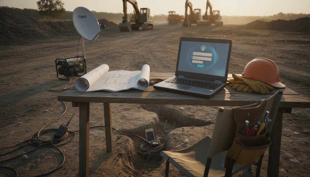 A remote dispatcher working at a home office desk with a laptop and headset, a second monitor displaying a secure login screen with a job scheduling interface visible, professional and focused work-from-home environment with warm desk lighting