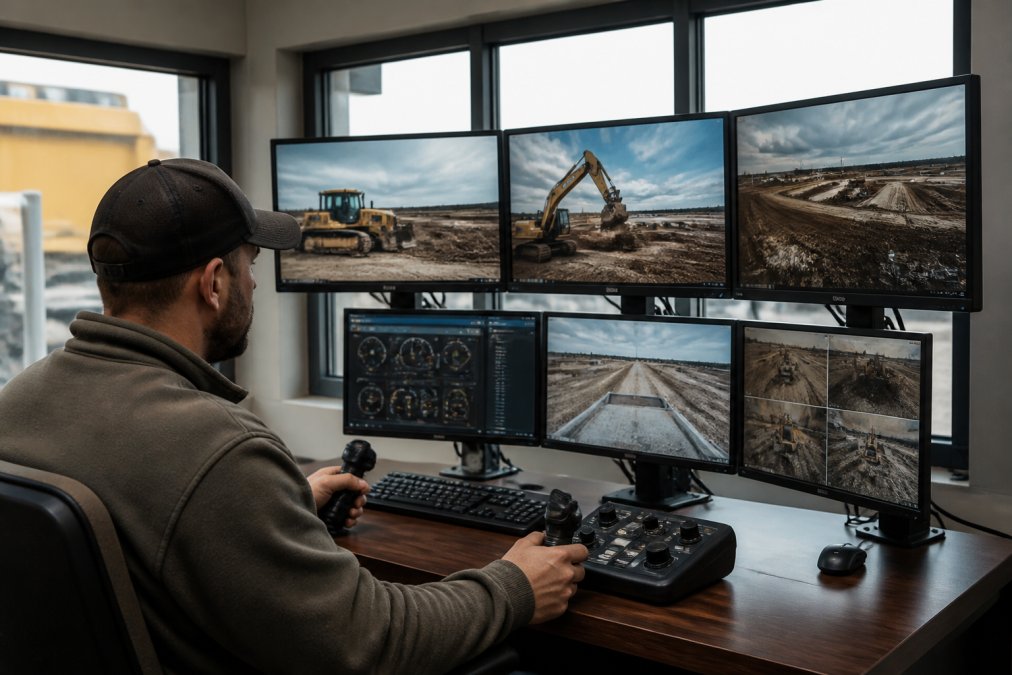 A remote operator station setup with multiple monitors displaying equipment telemetry data, controls, and live site feed from a construction work zone