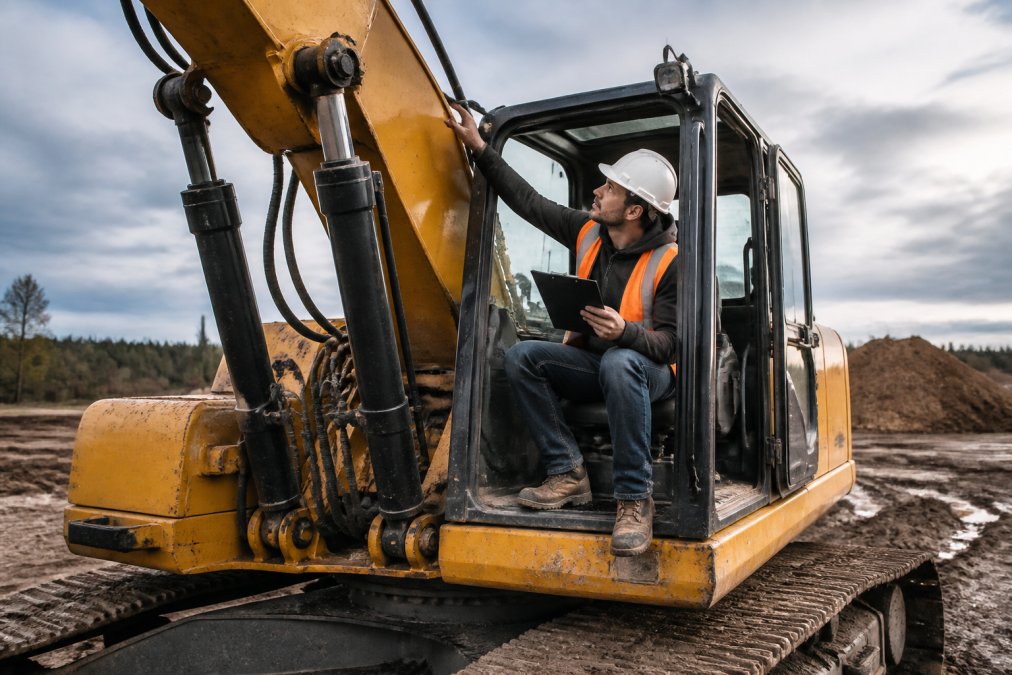 A professional operator in the cab of an excavator performing a pre-operation walkthrough, inspecting hydraulic lines and boom connections with a checklist in hand
