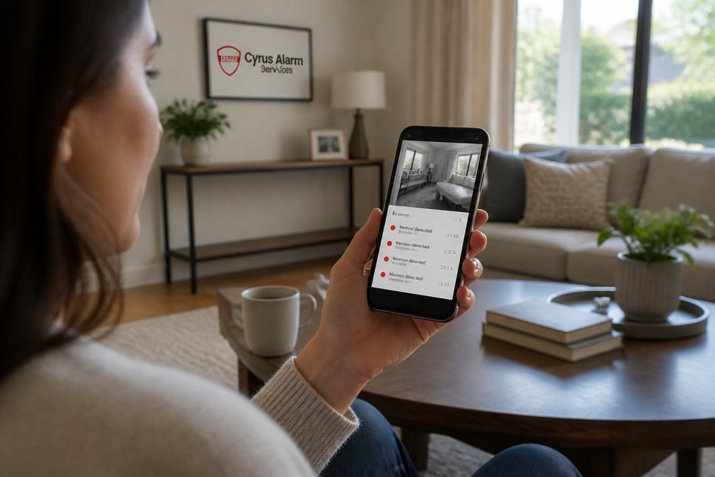 Homeowner using a smartphone for remote home monitoring via phone to view live security alerts in a living room
