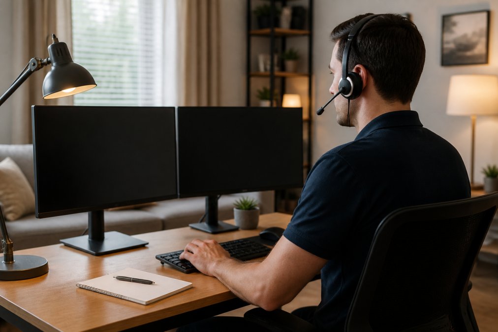 IT technician working at a dual-monitor workstation, remotely accessing a client computer screen in a clean, professional home office environment with soft overhead lighting and organized desk setup