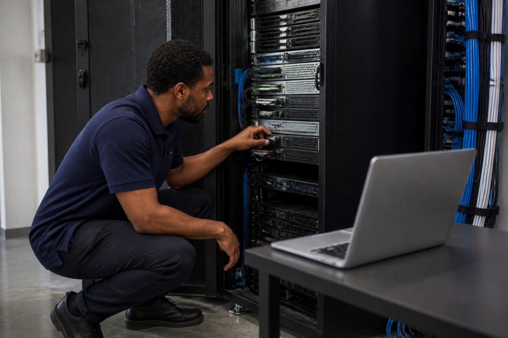 IT technician in a business office crouching beside an open server rack, inspecting internal components with a laptop open on a nearby table and organized cable management visible behind the rack