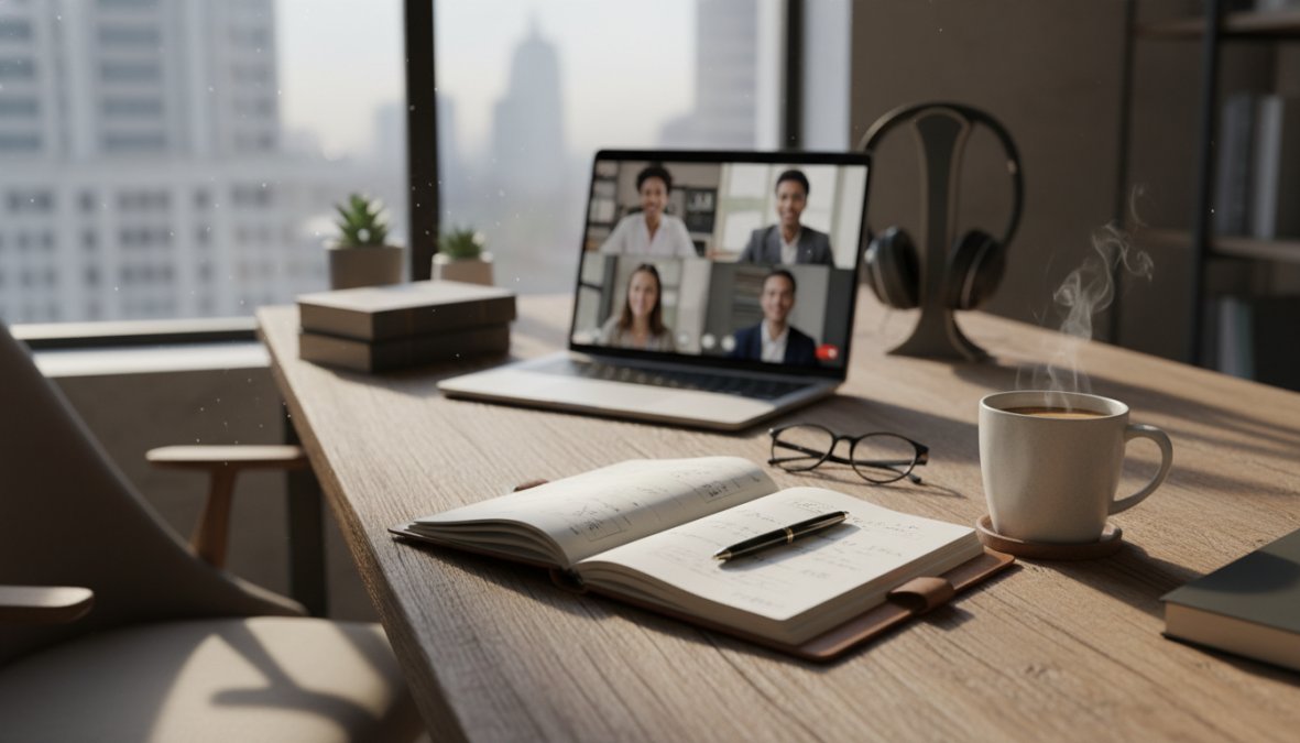 A legal professional working from a bright home office, seated at a desk with a laptop open to case management software, reviewing printed documents with a notepad and coffee nearby, warm natural light coming through a window