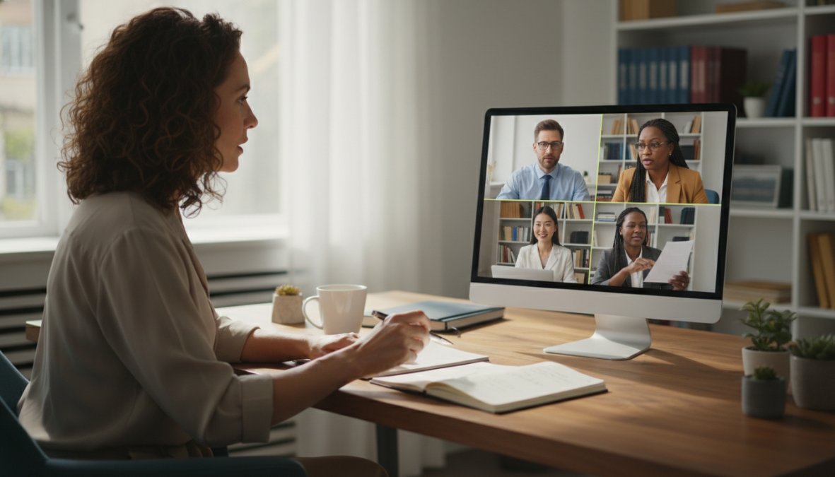 A diverse group of three legal professionals on a video call, one seated in a modern home office with legal books visible on a shelf, the other two visible on a laptop screen, all engaged in active discussion with documents open in front of them