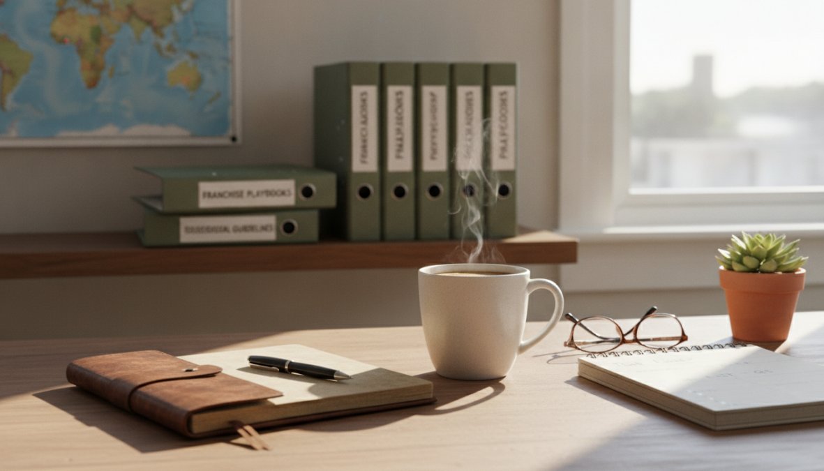 A franchise owner working from a home office, reviewing operational dashboards on dual monitors with a coffee mug and notepad nearby, natural window light illuminating the workspace, looking focused and in control