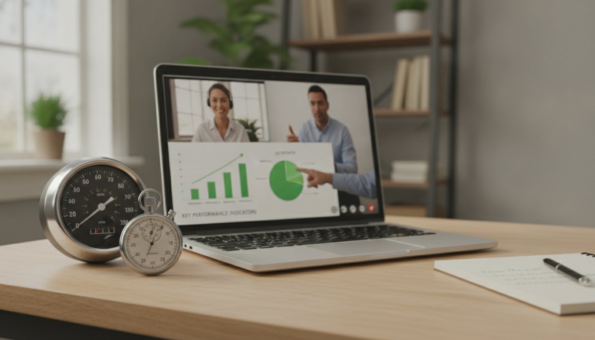 A small remote team on a video call displayed on a laptop screen, one person pointing at KPI data on a shared screen in a bright professional home office setting, natural light from a nearby window