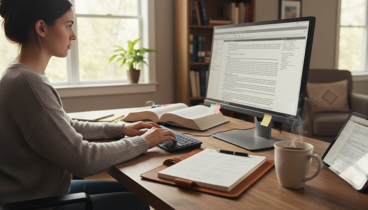 A professional woman working at a clean home office desk, reviewing legal documents on a laptop with a notepad and coffee beside her, natural window light coming through a window to her left