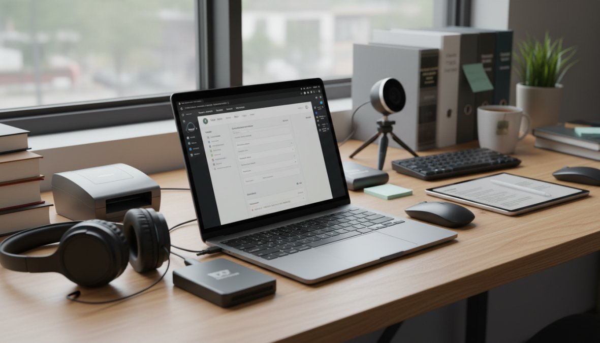 Close-up of hands typing on a laptop with a legal case management software interface visible on the screen, a smartphone and coffee cup beside the keyboard in a modern, well-lit home office setting
